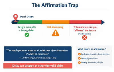Warning diagram showing how delaying resignation can lead to affirmation of breach