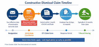 Timeline showing constructive dismissal claim process from resignation to tribunal hearing