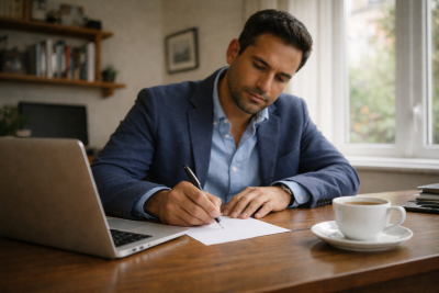 Employee thoughtfully composing resignation letter at desk