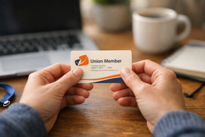 Hands holding union membership card at work desk