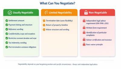 Three-column comparison chart showing which settlement agreement clauses are usually negotiable, have limited flexibility, or are legally non-negotiable