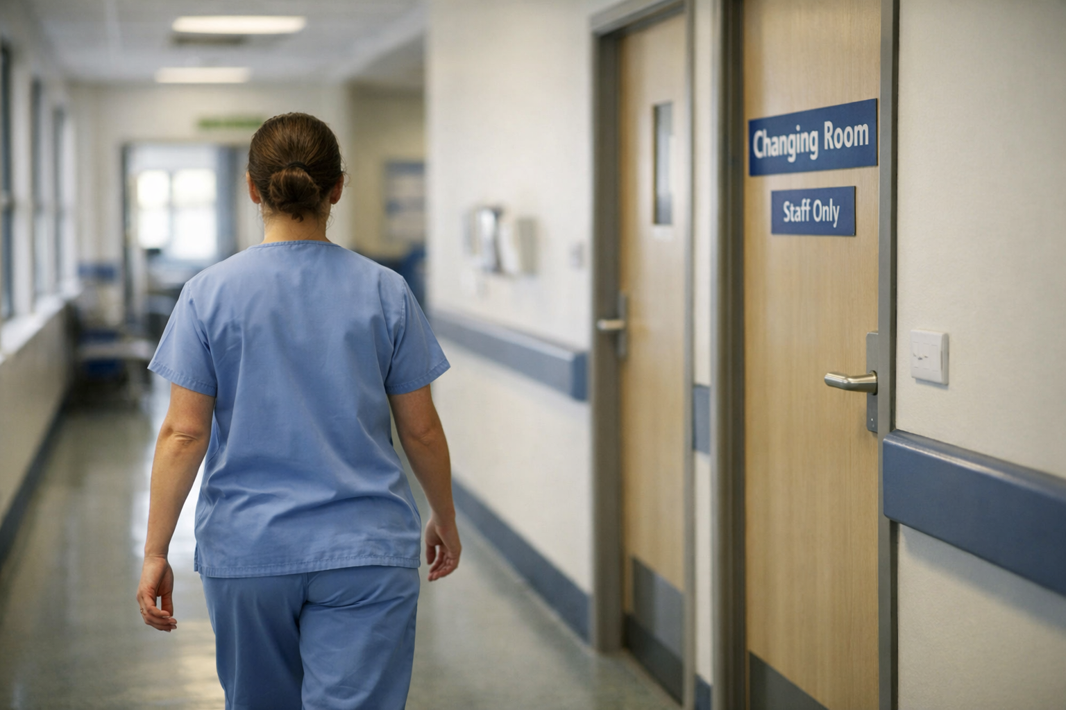 NHS hospital corridor with staff changing room facilities