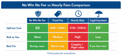 Comparison of no win no fee, fixed fees, and hourly rate fee structures