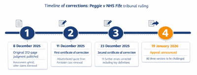 Timeline showing three versions of Peggie v NHS Fife tribunal ruling and corrections