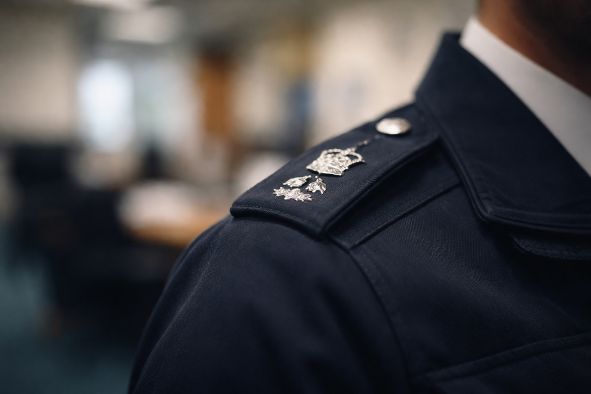 Close-up of police uniform shoulder detail suggesting professional context