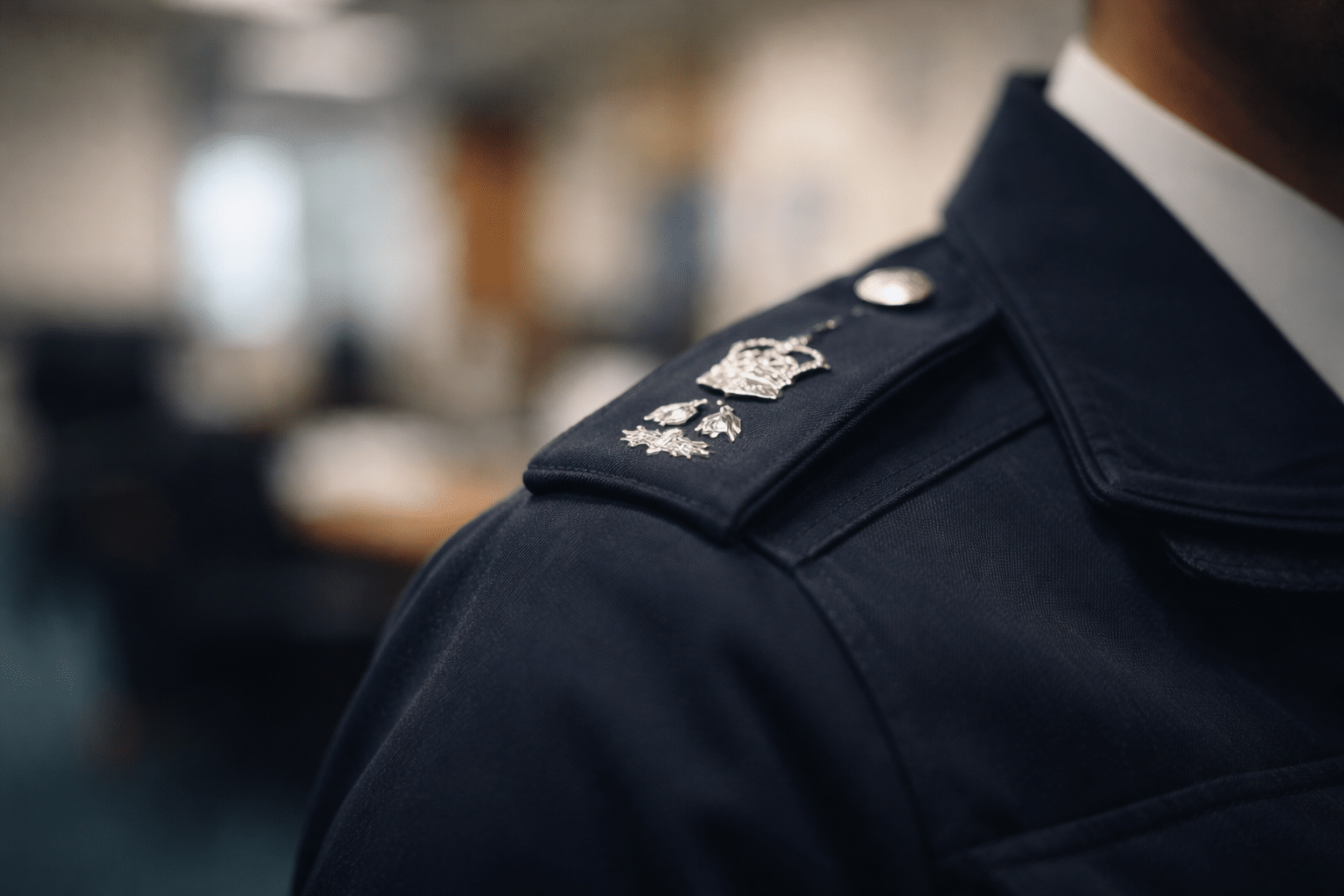 police-uniform-epaulette-detail Close-up of police uniform shoulder detail suggesting professional context