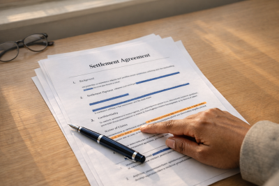Person carefully reviewing settlement agreement document with highlighted clauses and pen on wooden desk with natural window lighting