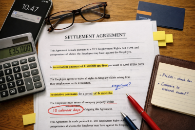 Top-down view of settlement agreement document with highlighted sections on £30,000 tax-free threshold, calculator, handwritten review notes, and legal clause analysis
