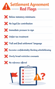 Checklist of eight red flags to watch for in settlement agreement offers including below-minimum payments, pressure tactics, and unfair terms