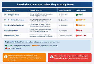 Comparison table showing five types of restrictive covenants with descriptions, typical durations of 6-12 months or indefinite, and negotiability ratings from high to very low
