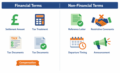 Comparison showing equal importance of financial terms (compensation, tax) and non-financial terms (references, restrictions, timing) in settlement negotiations