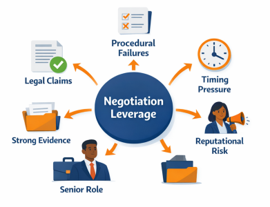 Settlement agreement negotiations diagram showing six key leverage factors: legal claims, procedural failures, timing pressure, reputational risk, senior role, and strong evidence