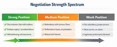 Spectrum showing strong, medium and weak settlement agreement negotiation positions with example scenarios for each