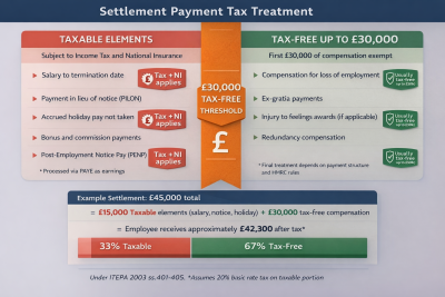 Split diagram showing taxable versus tax-free components of settlement payments with £30,000 compensation threshold highlighted
