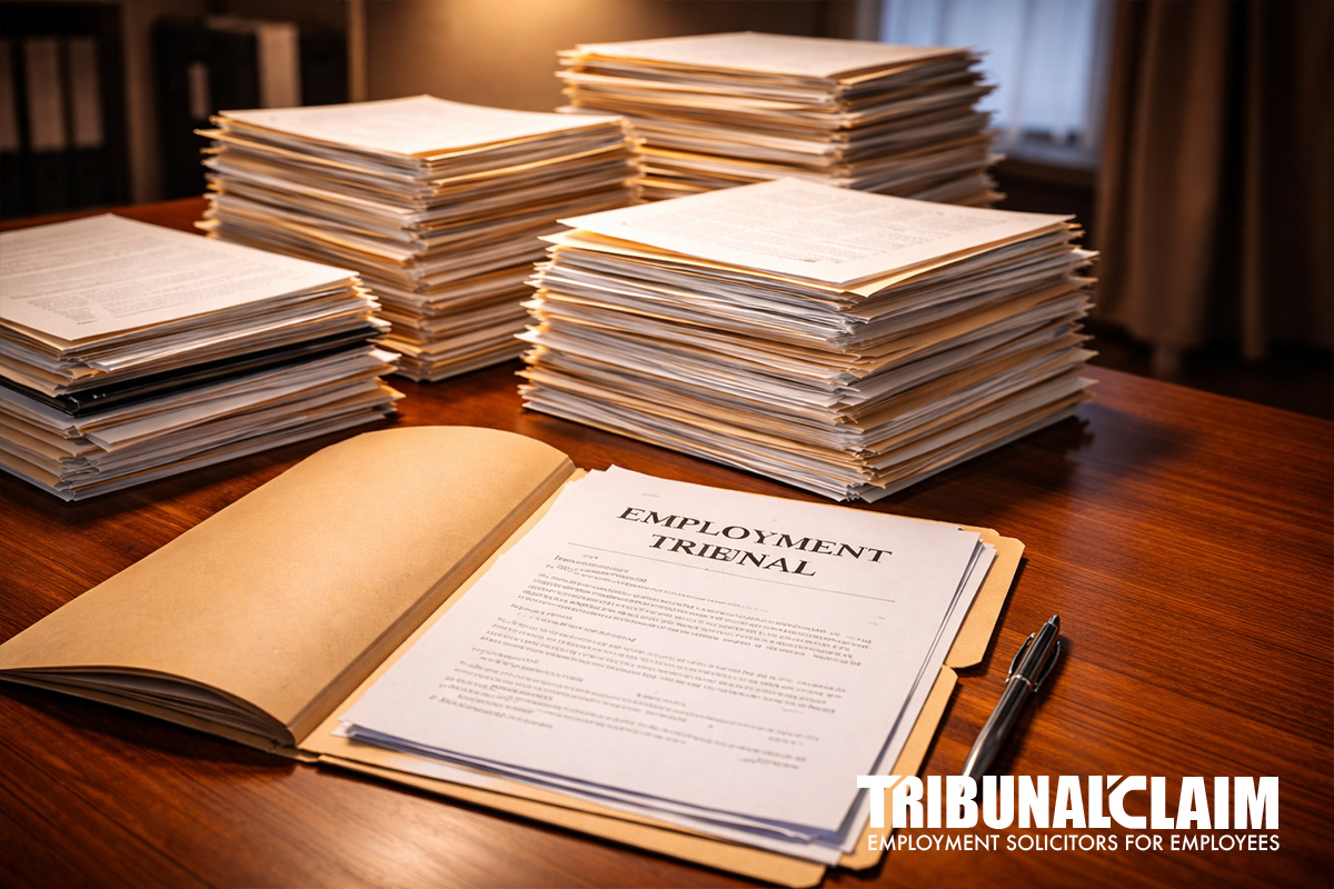 Stacks of employment tribunal case files piling up, symbolizing record 515,000 backlog
