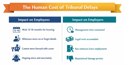 Infographic showing the impact of tribunal delays on employees and employers
