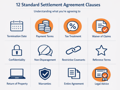 Visual grid of 12 standard settlement agreement clauses with icons representing termination, payment, tax, waiver, confidentiality, and other key terms
