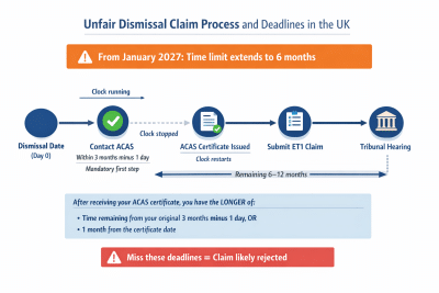 Timeline showing key dates and deadlines for unfair dismissal claims in the UK