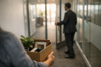 Over-shoulder view of employee carrying belongings box toward office exit, manager visible ahead holding door, natural light streaming in.