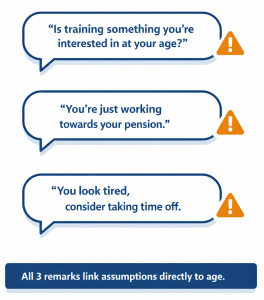Infographic showing three age-discriminatory workplace remarks with warning indicators