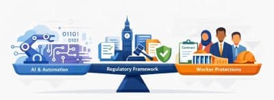 Conceptual illustration showing the balance between AI technology advancement and workplace regulation protections
