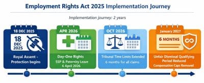 Timeline showing Employment Rights Act 2025 implementation dates from December 2025 to January 2027 with key worker protections