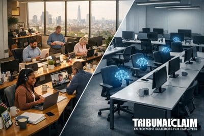 Universal Basic Income & AI Job Losses: Modern UK office space split diagonally showing half with diverse workers actively employed and half with empty desks and subtle AI holographic presence above vacant chairs