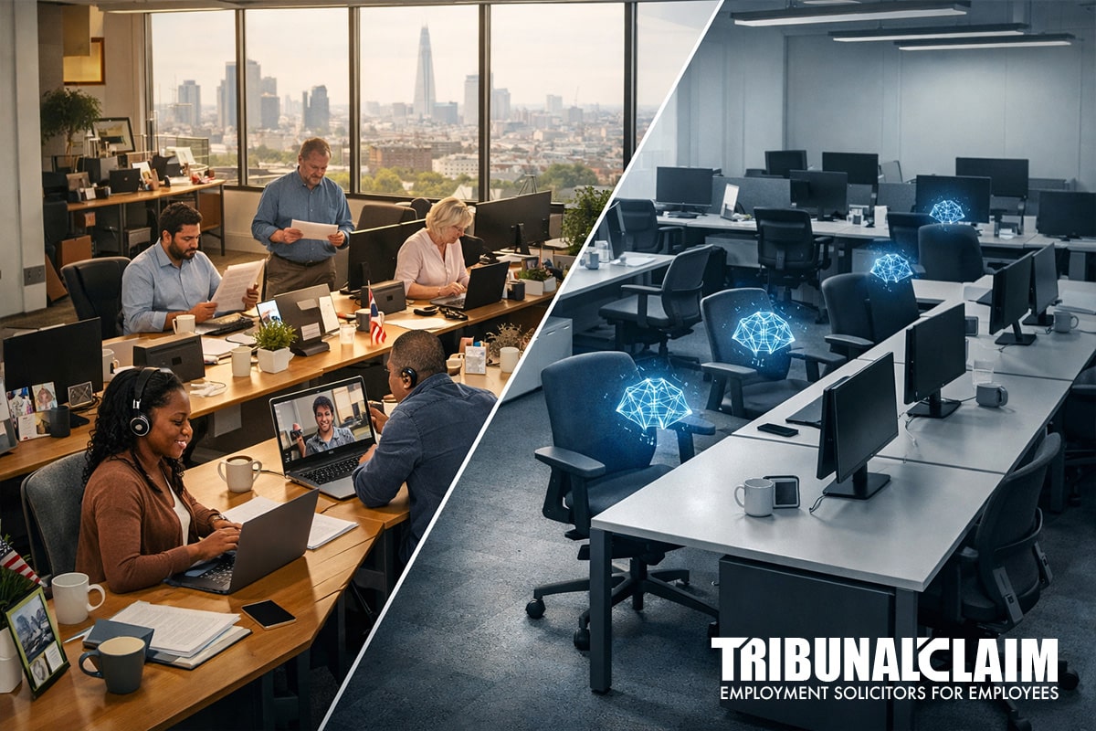 Universal Basic Income & AI Job Losses: Modern UK office space split diagonally showing half with diverse workers actively employed and half with empty desks and subtle AI holographic presence above vacant chairs