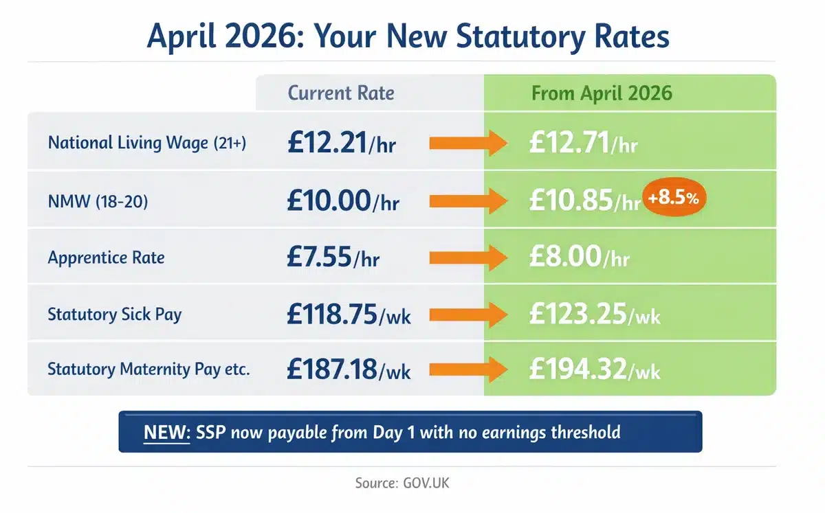 Comparison table of current and new UK statutory pay rates from April 2026