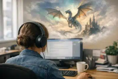 Woman from behind at office desk wearing headphones with fantasy dragon imagination scene above her