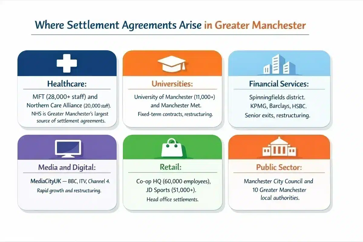 Greater Manchester employment sectors settlement agreements infographic NHS universities retail