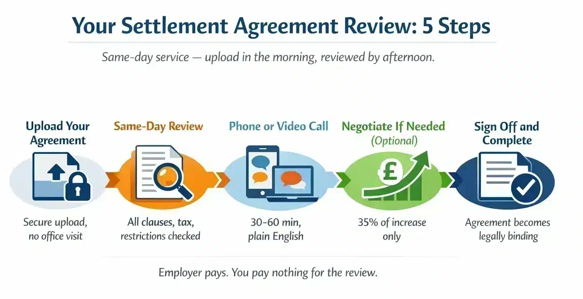 Settlement agreement review process five steps infographic, same-day service