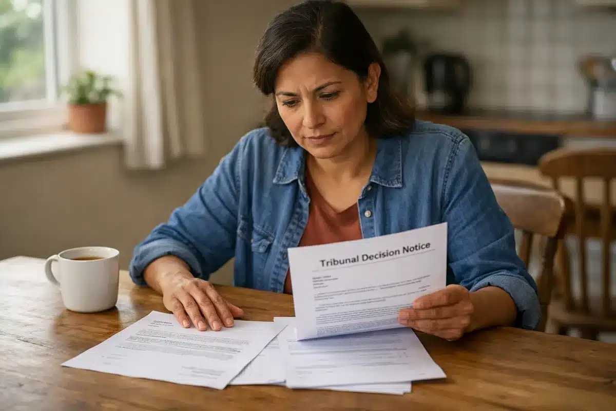 Person reading employment tribunal documents at home kitchen table, natural light