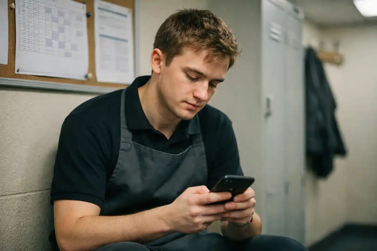 Young zero-hours contract worker checking phone for shift confirmation in staff break room