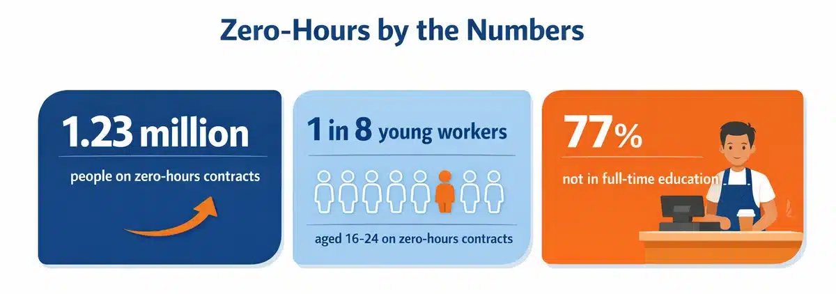 Infographic showing 1.23 million UK workers on zero-hours contracts with age and education breakdown