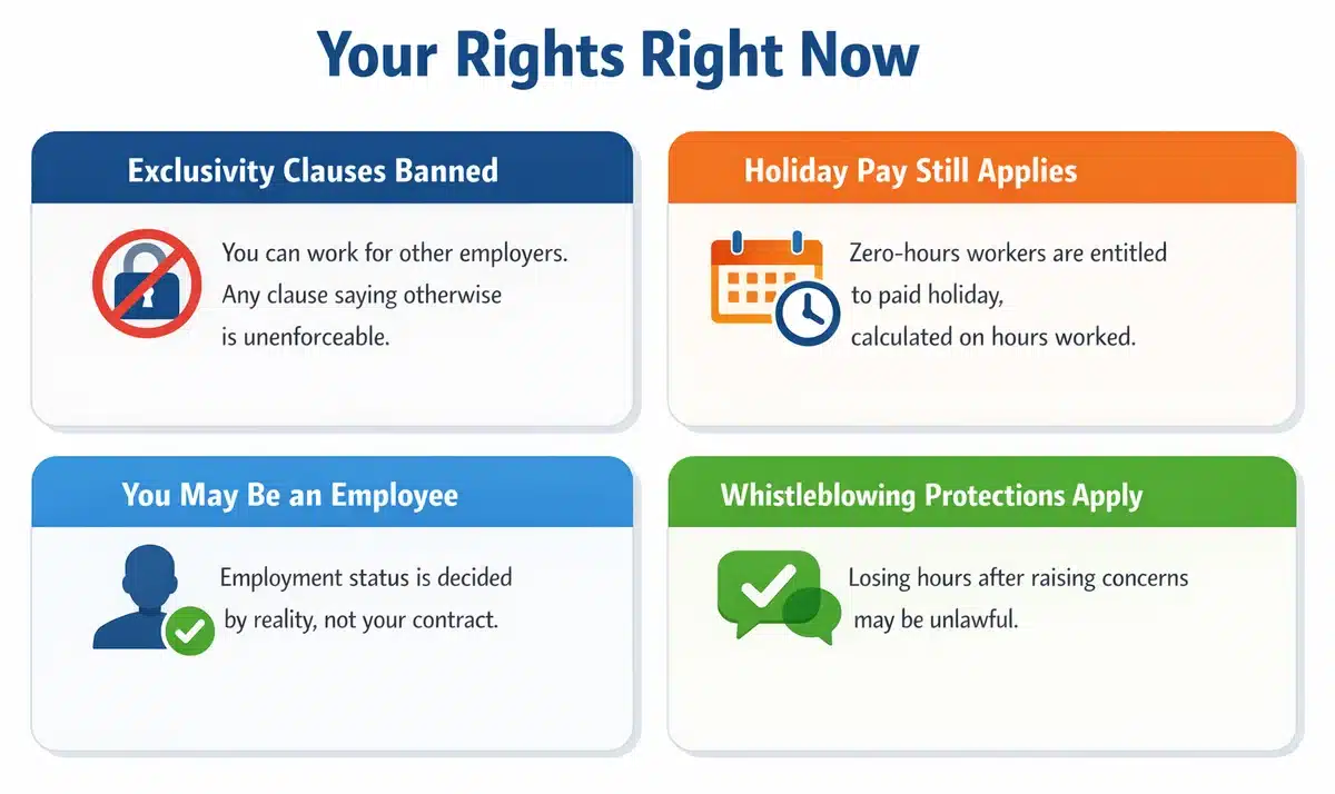 Infographic showing four legal rights for zero-hours contract workers in the UK