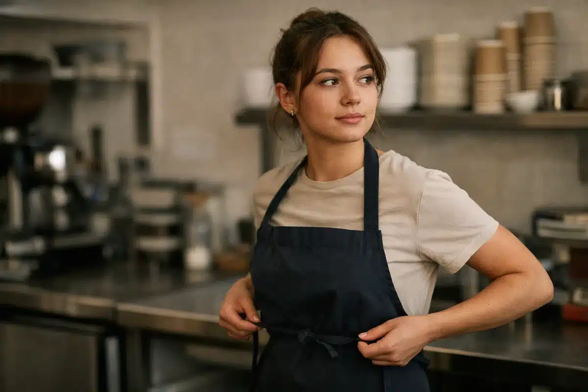 Young woman in hospitality uniform preparing for a shift, representing workers most affected by zero-hours contracts