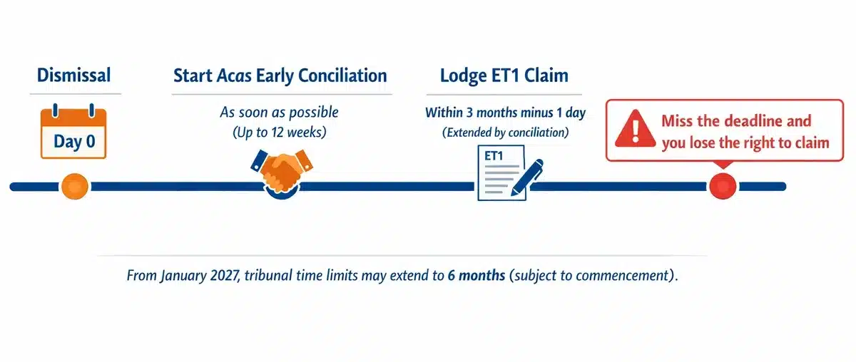 Timeline showing key deadlines from disciplinary dismissal to tribunal claim