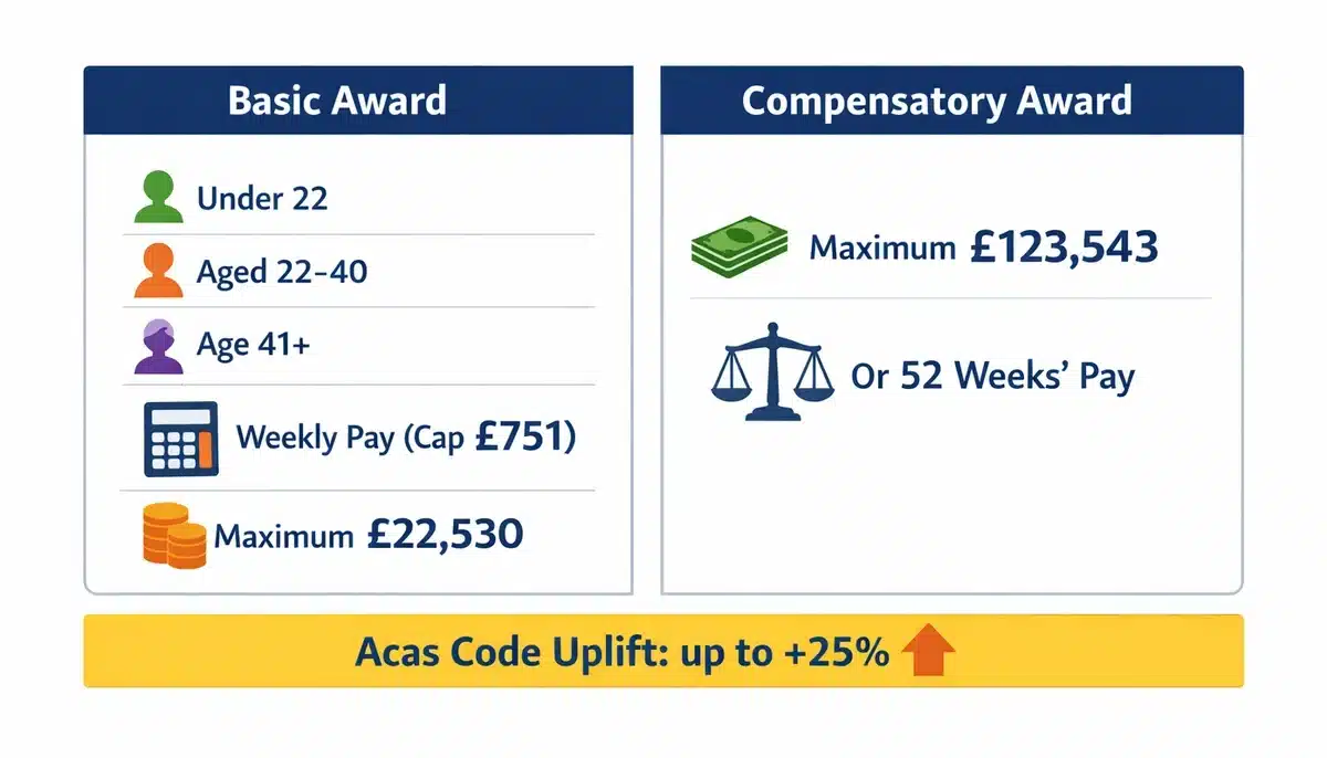 Illustration of unfair dismissal compensation calculation components for gross misconduct claims