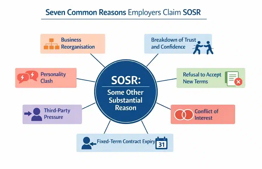 Infographic showing seven common SOSR dismissal categories including trust breakdown and business reorganisation