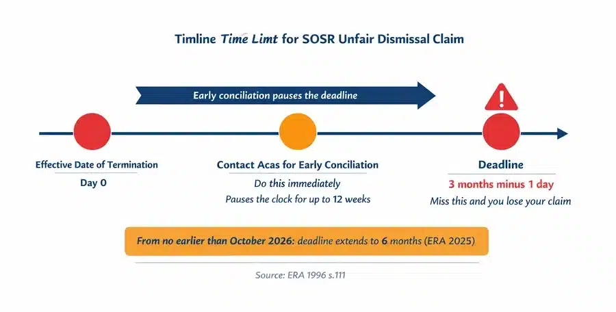 Timeline showing three-month time limit for SOSR unfair dismissal claim from effective date of termination
