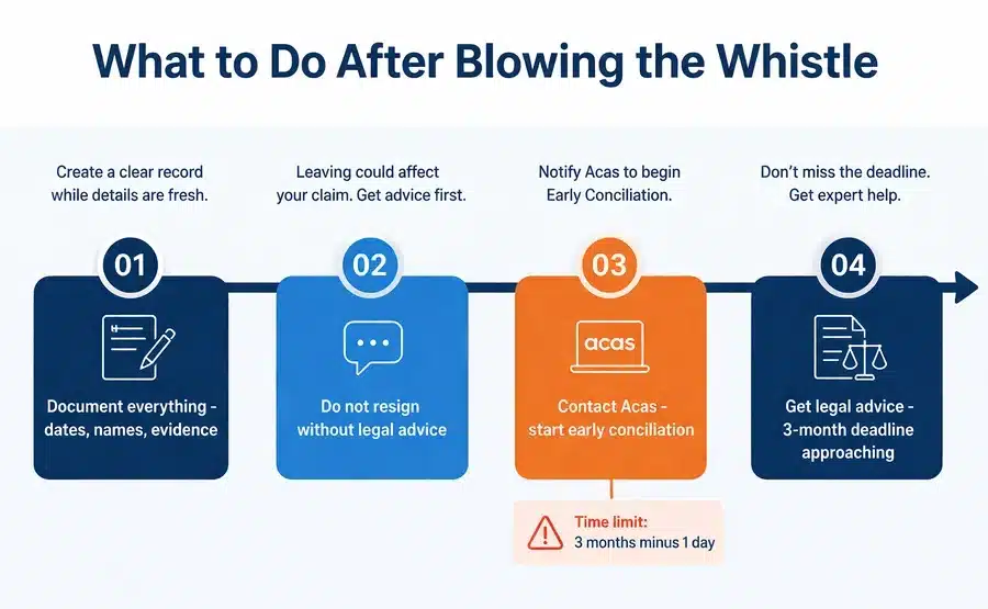 Step-by-step timeline showing what to do after blowing the whistle and facing retaliation at work