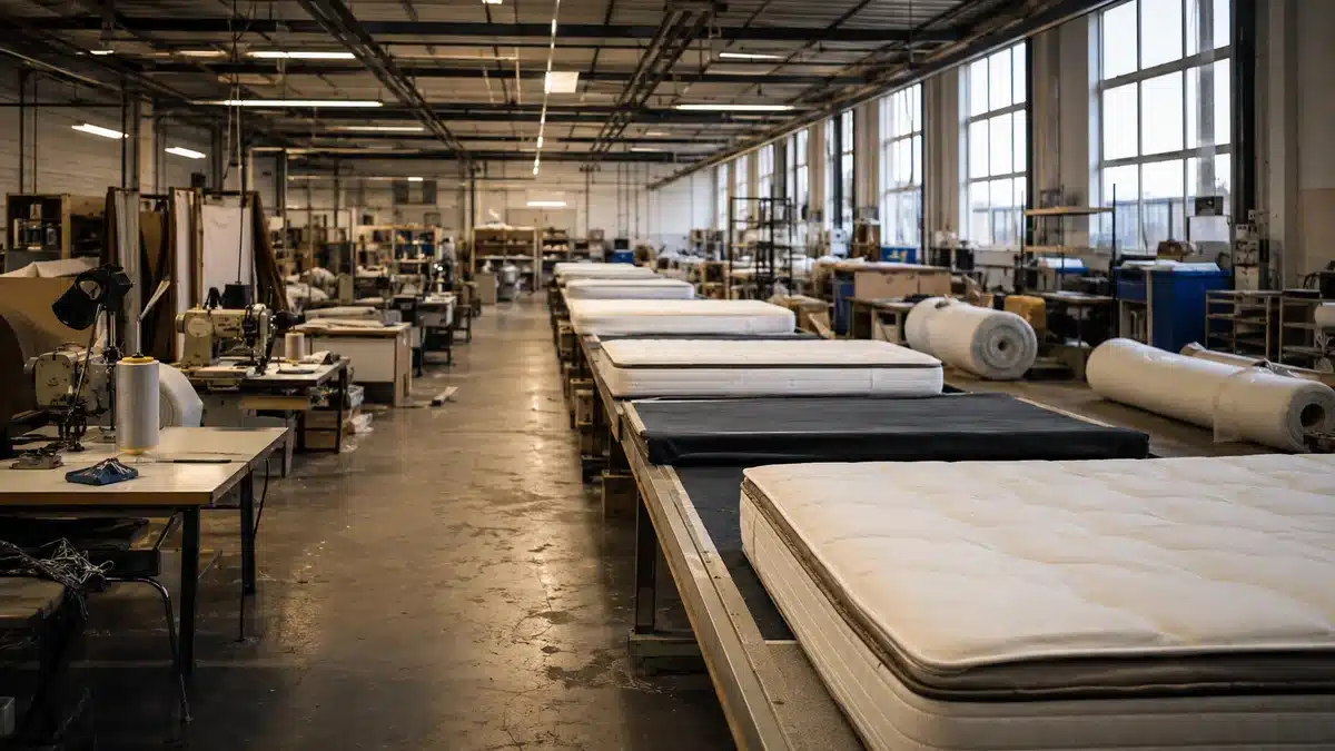 UK mattress manufacturing factory floor at the end of a working day, production line empty