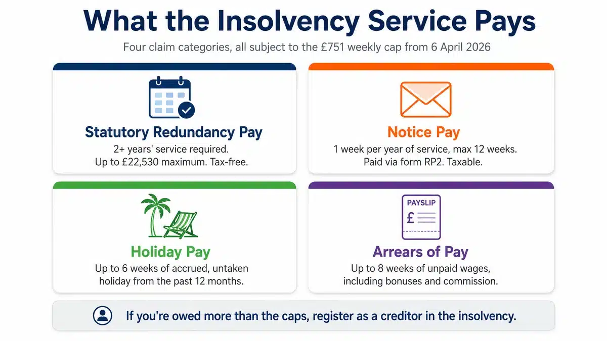 Infographic showing the four payment categories from the Insolvency Service after employer insolvency