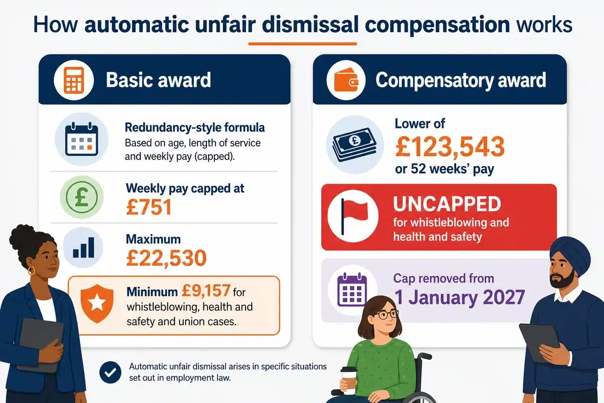 Automatic unfair dismissal compensation: basic award, compensatory award and uncapped claims