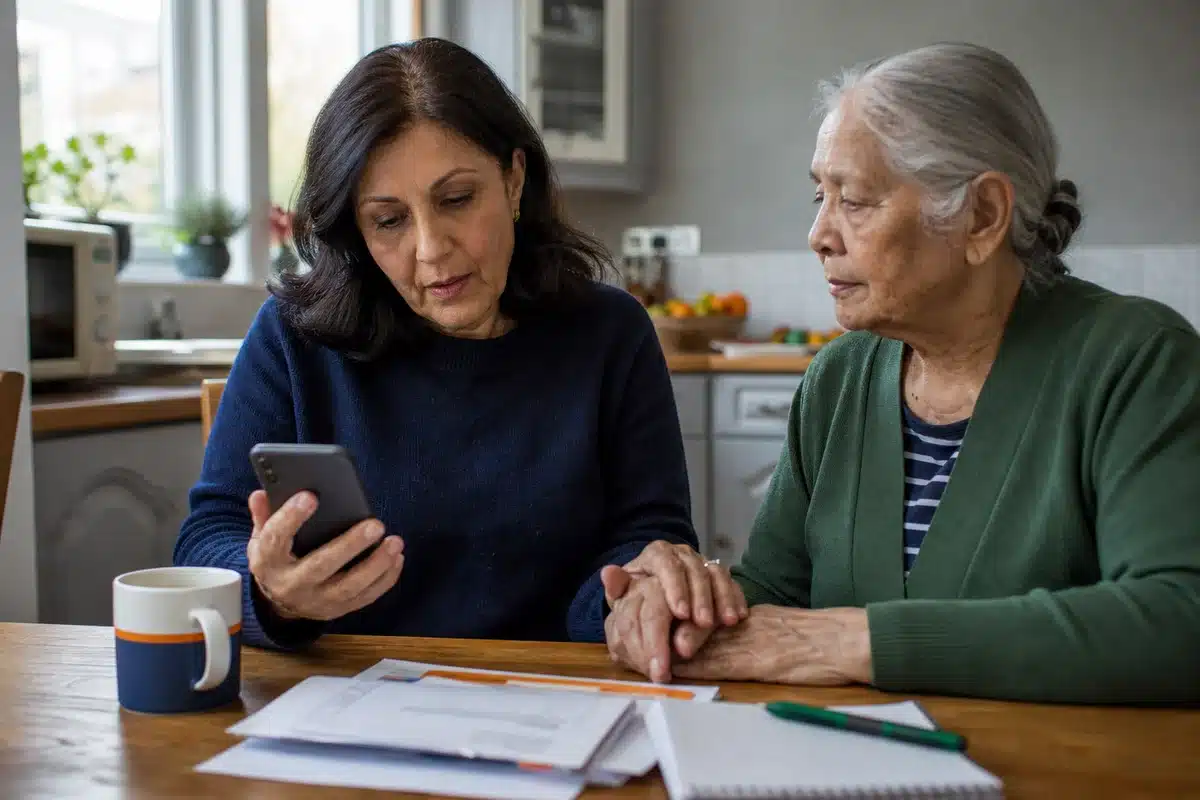 Working carer checking a phone between caring for an elderly relative and a workday