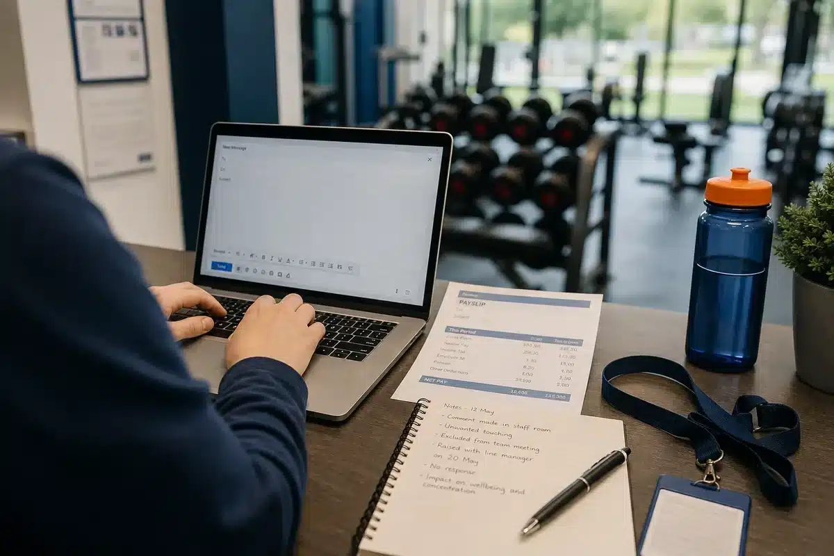 A gym reception desk with a laptop, payslip and notebook, suggesting a worker raising a concern
