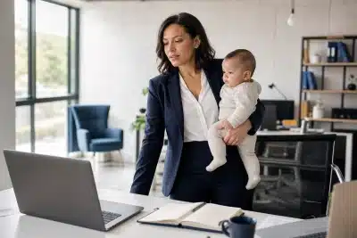 Professional woman holding her baby in a modern office, calm and capable