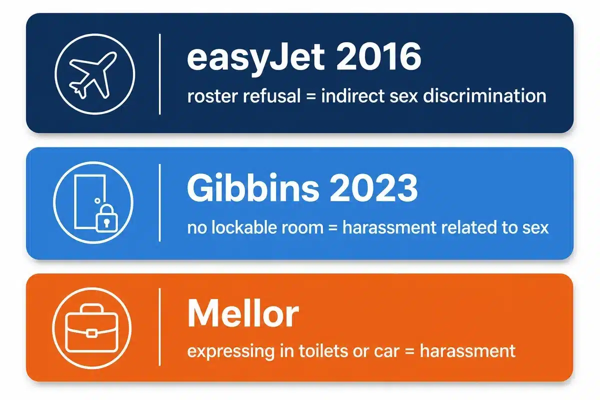 Infographic summarising three UK employment tribunal decisions on breastfeeding at work