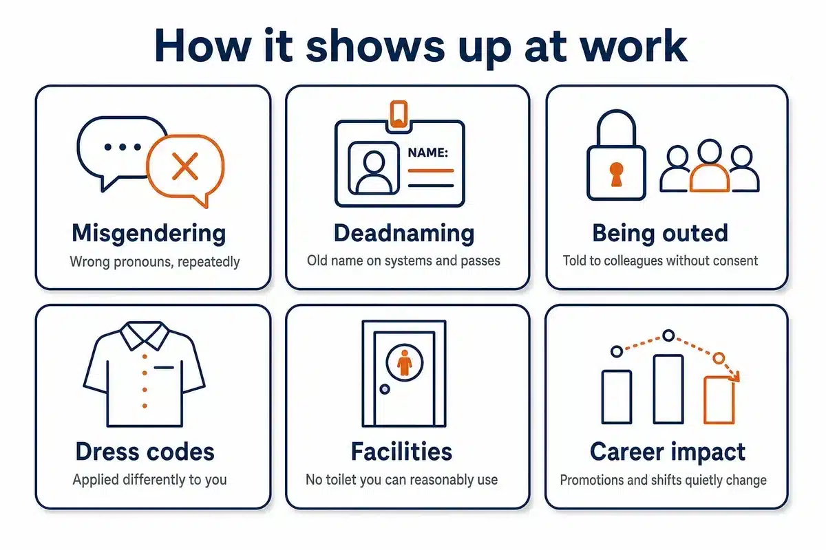Six common forms of transgender discrimination at work: misgendering, deadnaming, being outed, dress codes, facilities and missed promotion